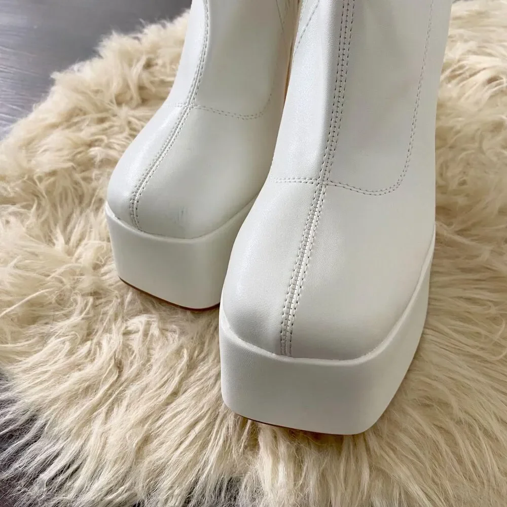 Chunky White Faux Leather Platform Knee High Heel Triangle Heels Boots US 7